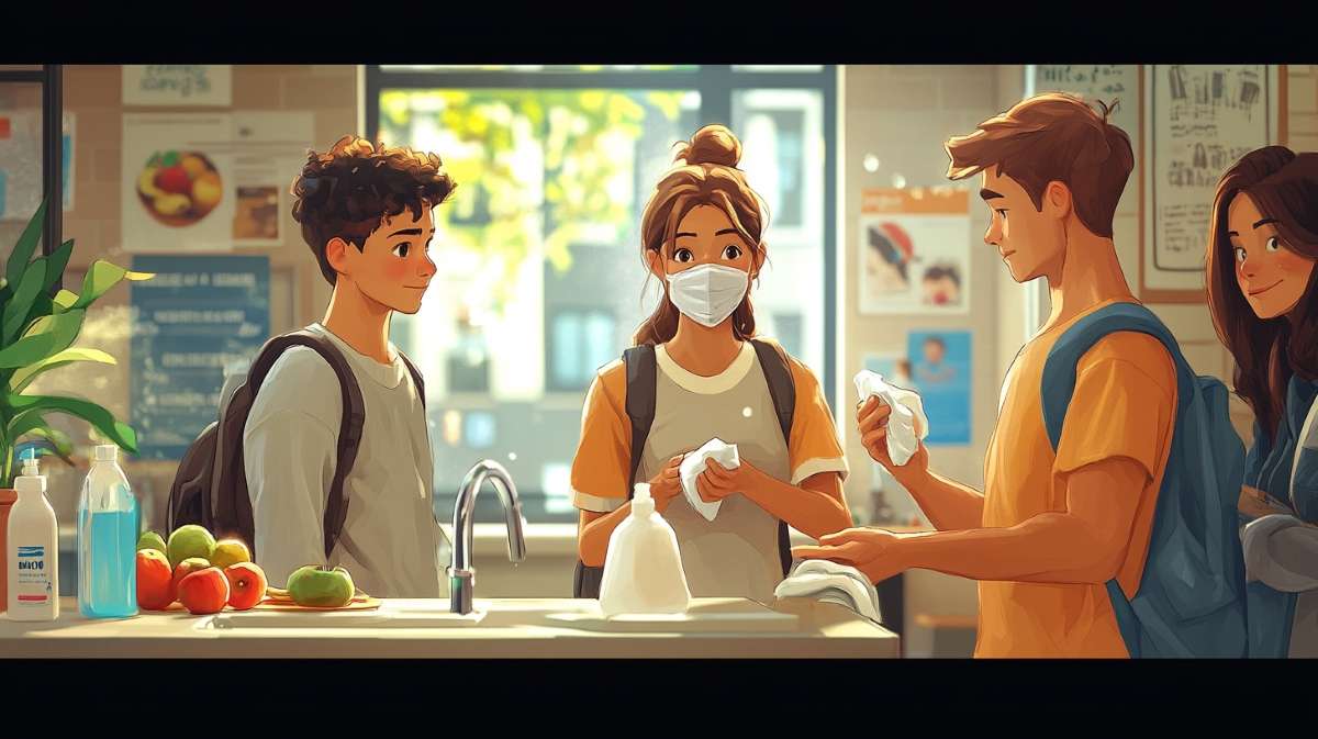An animated illustration of students in a shared accommodation setting practicing safety measures against the HMPV virus. One student is wearing a mask and sanitizing hands, while another wipes down a kitchen counter. Hand sanitizers, fresh fruits, and posters promoting hygiene are visible in the background, emphasizing health precautions and creating a clean, proactive environment.