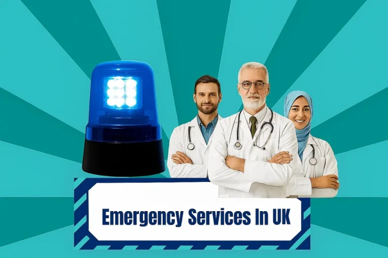 Three healthcare professionals in white coats and stethoscopes stand confidently with crossed arms against a turquoise sunburst background. A blue emergency light flashes prominently on the left side. The group includes a younger male doctor, an older male doctor with glasses and gray beard, and a female healthcare worker wearing a hijab. Below them is a white banner with blue text reading "Emergency Services In UK" bordered by blue and white striped tape, representing critical emergency numbers for students in UK who need immediate medical assistance.
